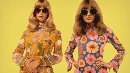 Two fashionable women in sunglasses on a yellow background. Retro style.の素材