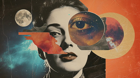 Close-up portrait of beautiful young woman in space. Collage.の素材