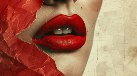 Beautiful female lips with red lipstick and torn paper on grunge backgroundの素材