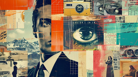 Double exposure portrait of a man in a suit with a retro camera on the background of the cityの素材