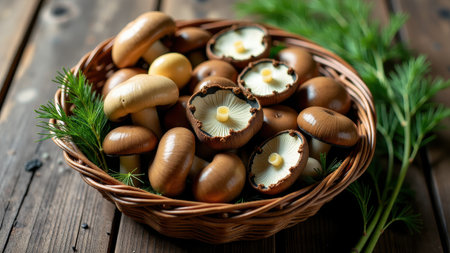 Wild mushrooms in a basket on a wooden background. Selective focus.の素材