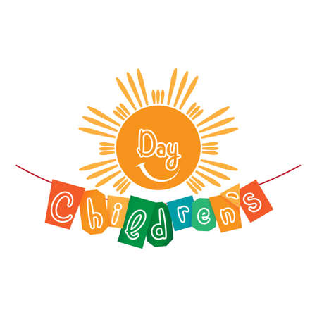 Children's Day. Festive illustration for children. Colorful banner. Raster template. Cheerful sun.のイラスト素材