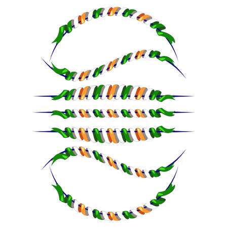 Set flat Indian twisted ribbons. Tricolors. In the form of garlands. Isolated on white. Beautiful decoration. Serpentine stripe. Round frame for text. Template for presentations.のイラスト素材
