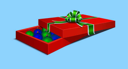 Holiday Gift ajar box of red color on a blue background, with christmas balls inside. Tied with a green ribbon with a bow on top.のイラスト素材