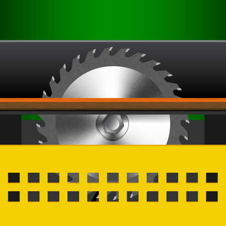 Illustration of woodworking machine. Circular Saw with protection. Circular saw with a board. Icon carpentry equipment.のイラスト素材