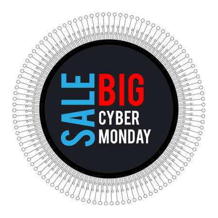 Cyber Monday. Round banner for holiday sales. With elements of electronics on a white background, arranged in a circle. With white, blue and red letters.のイラスト素材