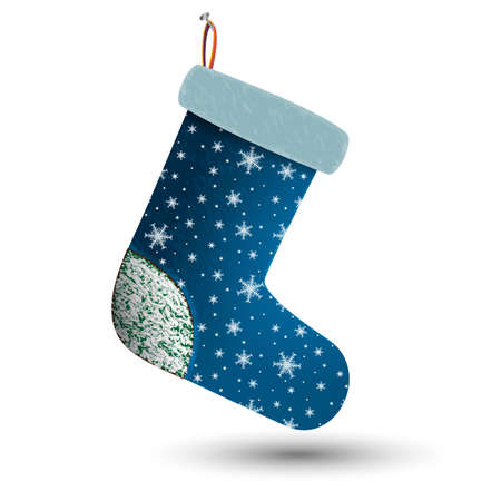 Christmas holiday stocking. Sock for gifts. Felt boots on the fireplace. Template for Christmas decoration. Sock for Santa. Felt boots with snowflakes.のイラスト素材