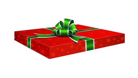Realistic festive gift package red with snowflakes texture on a transparent background. Tied with a green ribbon with a bow on top.のイラスト素材