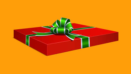 Realistic festive gift wrapping red on an orange background. Tied with a green ribbon with a bow on top.のイラスト素材
