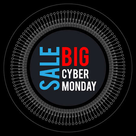 Cyber Monday. Round banner for holiday sales. With elements of electronics on a dark background, arranged in a circle. With white, blue and red letters.のイラスト素材