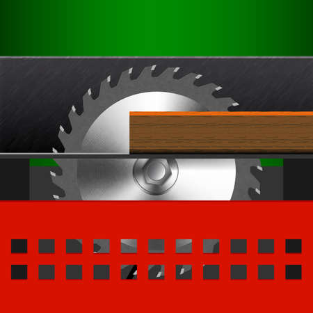 Illustration of woodworking machine. Circular saw with a red protection. Circular saw with a board. Icon carpentry equipment.のイラスト素材