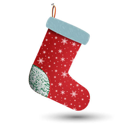 Christmas holiday stocking. Sock for gifts. Felt boots on the fireplace. Template for Christmas decoration. Sock for Santa. Felt boots with snowflakes.のイラスト素材