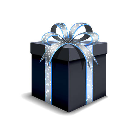 Festive gift box black. Tied with a silvery blue ribbon with stars with a bow on top. Holiday packaging. Holiday gift icon. Isolated realistic box.のイラスト素材
