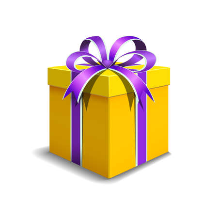 Festive gift box yellow color. Tied with purple ribbon with a bow on top. Holiday packaging. Holiday gift icon. Isolated realistic box.のイラスト素材