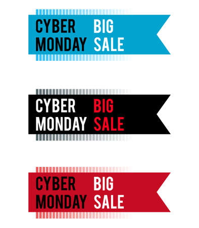 Cyber Monday banner for holiday sales. With a gradient of strips. With white and red letters on colored ribbons.のイラスト素材
