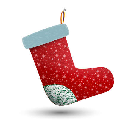 Christmas holiday stocking. Sock for gifts. Felt boots on the fireplace. Template for Christmas decoration. Sock for Santa. Felt boots with snowflakes.のイラスト素材