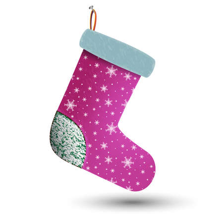 Christmas holiday stocking. Sock for gifts. Felt boots on the fireplace. Template for Christmas decoration. Sock for Santa. Felt boots with snowflakes.のイラスト素材