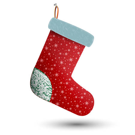 Christmas holiday stocking. Sock for gifts. Felt boots on the fireplace. Template for Christmas decoration. Sock for Santa. Felt boots with snowflakes.のイラスト素材