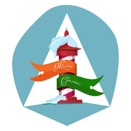 Christmas holiday greetings on developing ribbons on guidepost in red and white stripes on the snow.のイラスト素材