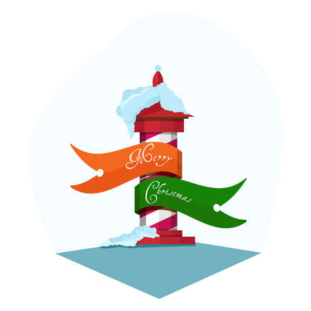 Christmas holiday greetings on developing ribbons on signpost in red and white stripes on the snow. Snowy pointer down. On a light background.のイラスト素材