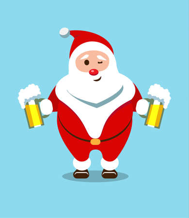 Merry Santa Claus. Kind, bearded hero. Christmas old man in a red fur coat. Sticker for winter celebrations. Foam beer from a festive bartender.のイラスト素材