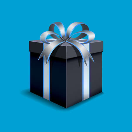 Festive gift box black. Tied with a silvery blue ribbon with a bow on top. Holiday packaging. Holiday gift icon. Isolated realistic box.のイラスト素材