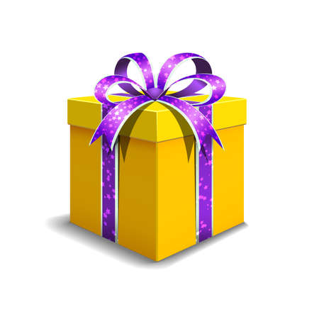 Festive gift box yellow color. Tied with purple ribbon with stars with a bow on top. Holiday packaging. Holiday gift icon. Isolated realistic box.のイラスト素材
