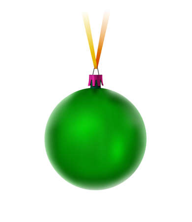 Green shiny Christmas ball with yellow ribbon on white background. Realistic 3d Christmas glass ball. Template for the design of a winter holiday. New Year template.のイラスト素材