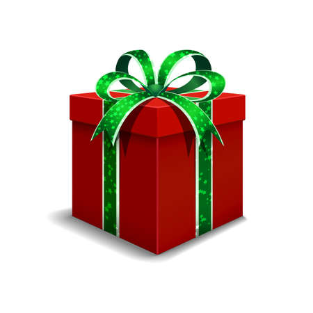 Festive gift box red. Tied with green ribbon with stars, with a bow on top. Holiday packaging. Holiday gift icon. Isolated realistic box.のイラスト素材