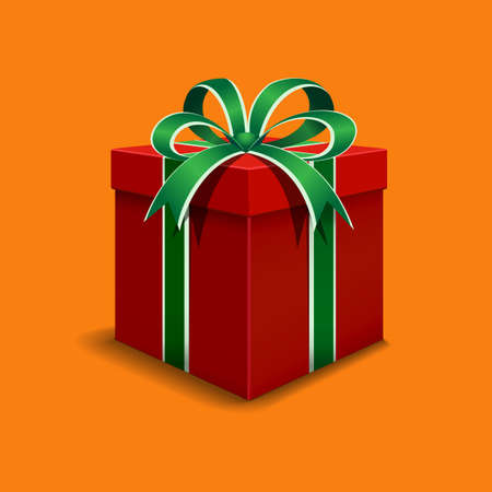 Festive gift box red. Tied with green ribbon with a bow on top. Holiday packaging. Holiday gift icon. Isolated realistic box.のイラスト素材