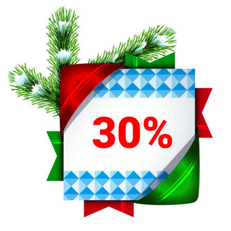 Christmas banner thirty percent discount. Decorated snowy pine branches. 3D style template. Template for the design of the holiday sale. Discount for winter holidays.のイラスト素材