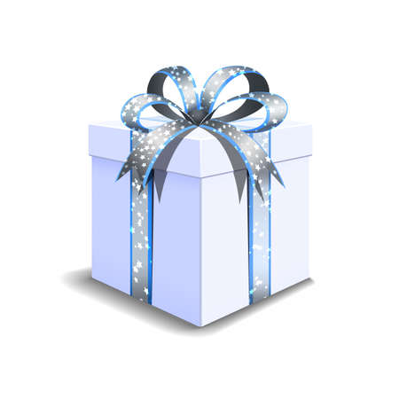 Festive gift box white. Tied with a silvery blue ribbon with stars with a bow on top. Holiday packaging. Holiday gift icon. Isolated realistic box.のイラスト素材
