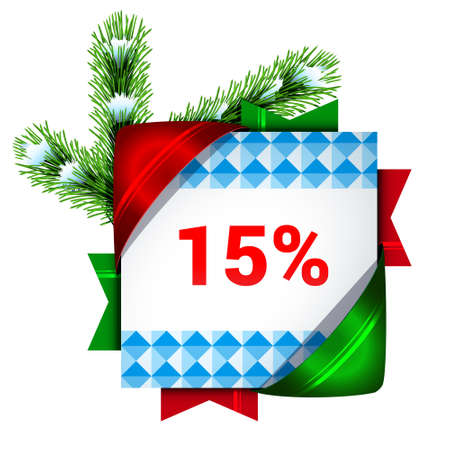 Christmas banner discount of fifteen percent. Decorated snowy pine branches. 3D style template. Template for the design of the holiday sale. Discount for winter holidays.のイラスト素材