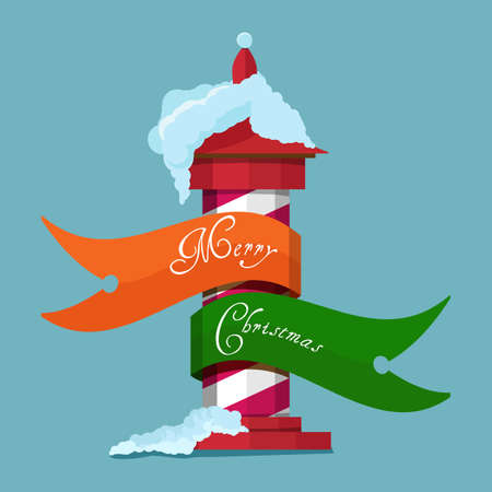 Christmas holiday greetings on developing ribbons on signposts in red and white stripes on the snow.のイラスト素材