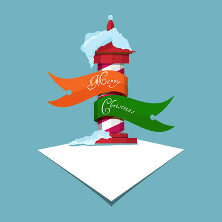 Christmas holiday greetings on developing ribbons on signpost in red and white stripes on the snow. Snowy pointer down.のイラスト素材