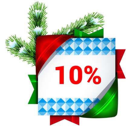 Christmas banner discount of ten percent. Decorated snowy pine branches. 3D style template. Template for the design of the holiday sale. Discount for winter holidays.のイラスト素材
