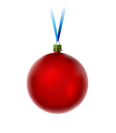 Red shiny Christmas ball with a blue ribbon on a white background. Realistic 3d Christmas glass ball. Template for the design of a winter holiday. New Year template.のイラスト素材