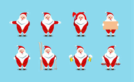 Santa Claus on a blue background. A set of variations. Merry Santa Claus. Kind, bearded hero. Christmas old man in a red fur coat. Sticker for winter celebrations.のイラスト素材
