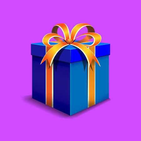 Festive gift box blue. Tied with orange ribbon with a bow on top. Holiday packaging. Holiday gift icon. Isolated realistic box.のイラスト素材