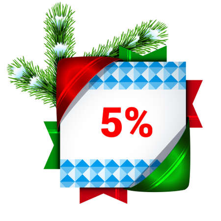 Christmas banner discount of five percent. Decorated snowy pine branches. 3D style template. Template for the design of the holiday sale. Discount for winter holidays.のイラスト素材