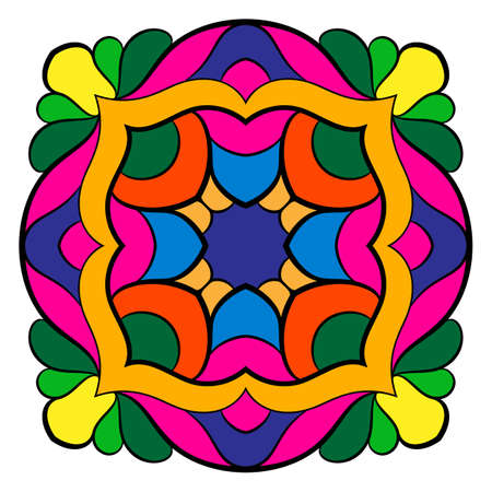 Mandala for meditations. Symmetrical pattern in the square. A colorful picture for the color book. Simple drawing for scrapbook. Template for the album.のイラスト素材