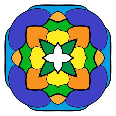Mandala for meditations. Symmetrical pattern in the square. A colorful picture for the color book. A simple drawing for scrapbook. Stylized flower.のイラスト素材
