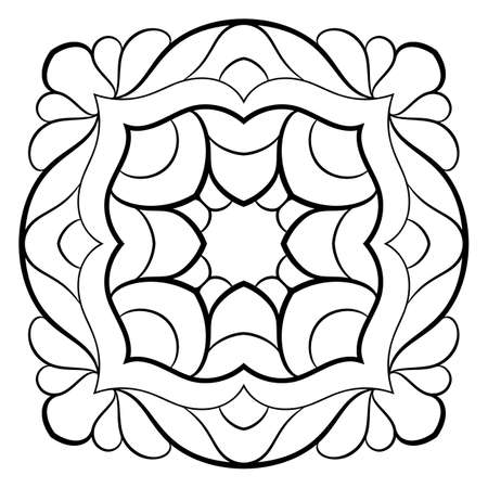 Monochrome mandala. Symmetrical pattern in the square. Contour illustration for color book. Template for coloring. Smooth abstract forms.のイラスト素材