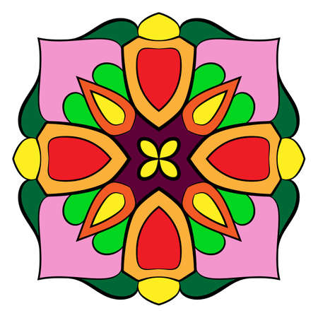 Mandala for meditations. Symmetrical pattern in the square. A colorful picture for the color book. Simple drawing for scrapbook. Pink flower on green leaves.のイラスト素材