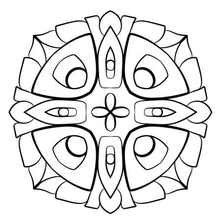 Monochrome mandala. Symmetrical pattern in the square. Contour illustration for color book. A simple drawing for scrapbook. Stylized fishes.のイラスト素材