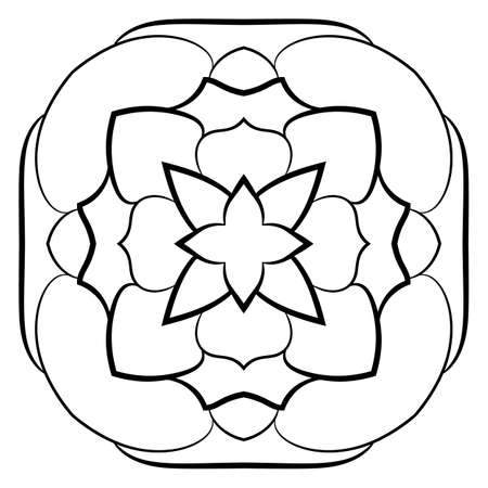 Monochrome mandala. Symmetrical pattern in the square. Contour illustration for color book. A simple drawing for scrapbook. Stylized flower.のイラスト素材