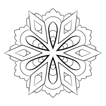 Mandala for color book. Illustration for scrapbook. Contour pattern in the circle. Monochrome picture for coloring. A beautiful pattern of rosettes. Stylized foliage.のイラスト素材