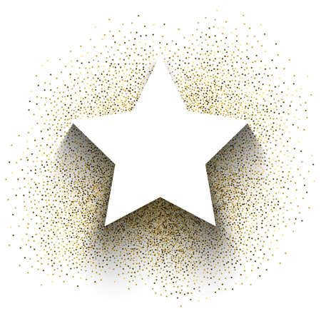 Gold festive frame. Background in the form of a white star with a shadow. Back from round sweets, glitter. A beautiful template for a poster business card invitation card certificate web logo postcardのイラスト素材