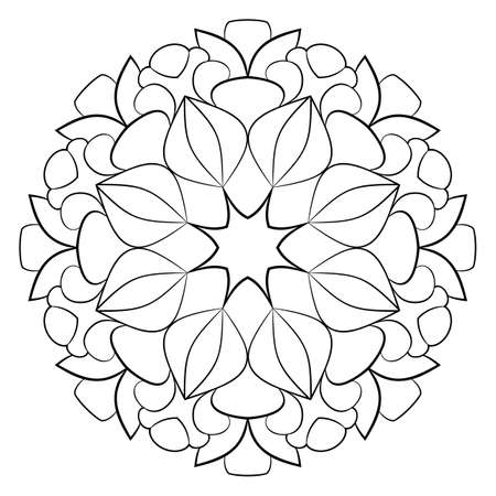 Contour mandala for color book. Monochrome illustration. Symmetrical pattern in a circle. A beautiful image for scrapbook. The template for printing on fabric. Picture for meditation and relaxation.のイラスト素材
