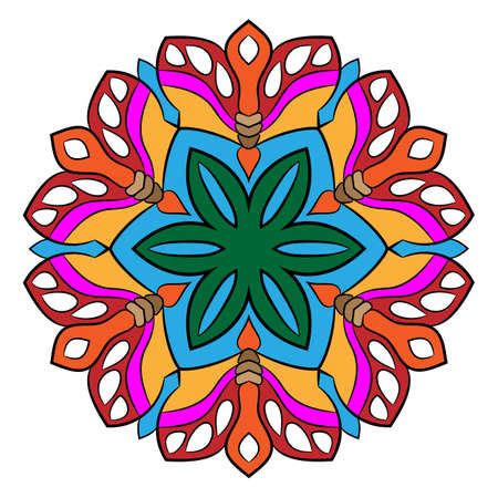 The colored mandala. Symmetrical pattern in a circle. The template for printing on fabric. Picture for meditation and relaxation. Stylization of butterflies.のイラスト素材